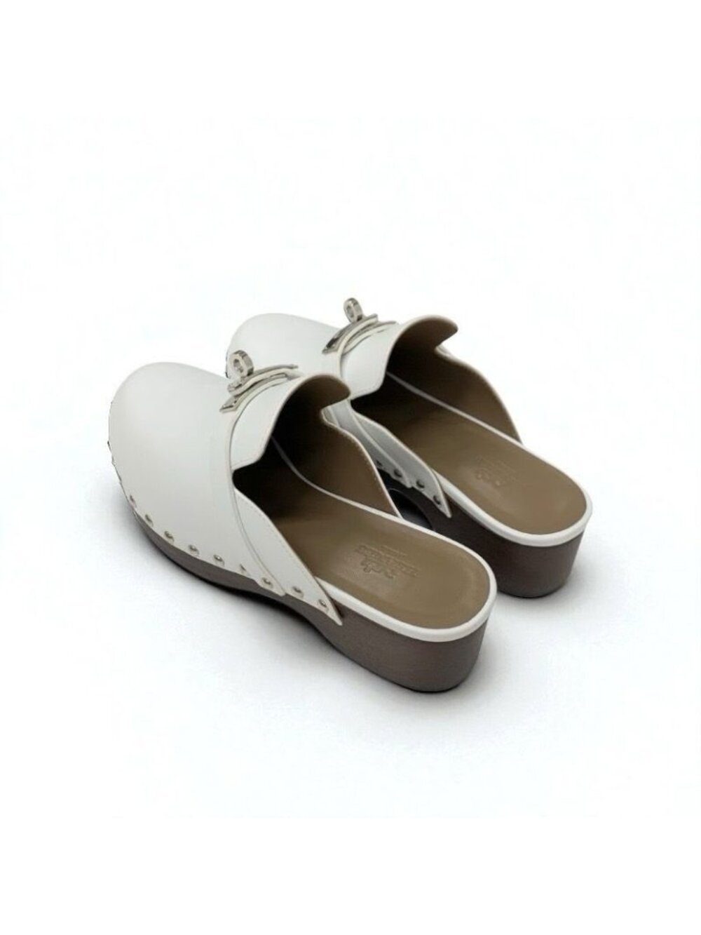 Hermes Carlotta Sandals Shoes Leather White Silver Kelly Hardware Sabo Mule - Picture 5 of 11